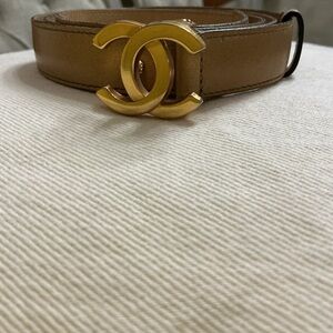CHANEL Brown Leather Belt with Gold Logo Buckle